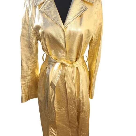 ⭐Luxury Designer Stylish Gold Real Genuine Leather Glamorous Jacket Coat Trench - Picture 5 of 16